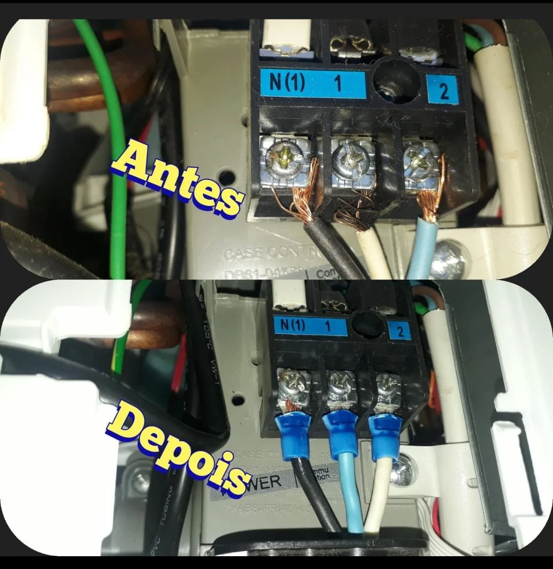 Comparação antes e depois de reparo elétrico em placa de ar condicionado